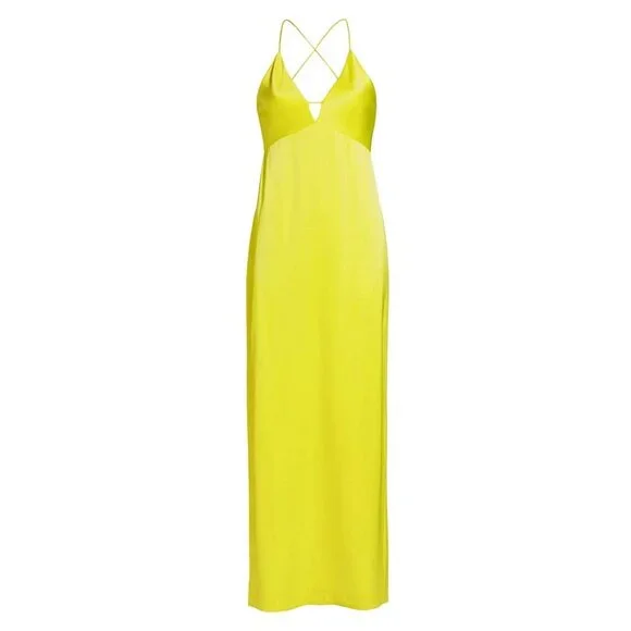 NEW NWT Alice + Olivia Dakota Bias Slip Gown Yellow Satin Side Slit Size 2 - Picture 5 of 7